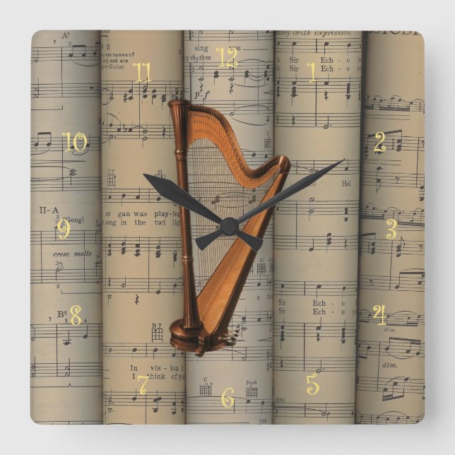 Harp ~ Hintergrund der Notenblätter ~ Musik Quadratische Wanduhr (Vorderseite)