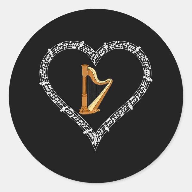 Harp Music Player Musical Notes Liebe Herz Runder Aufkleber (Vorderseite)