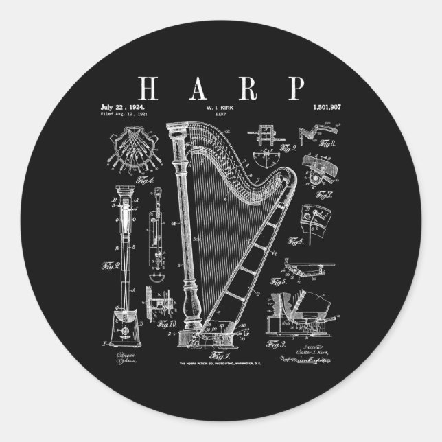 Harp Patent Harpist Zeichnend Print Runder Aufkleber (Vorderseite)