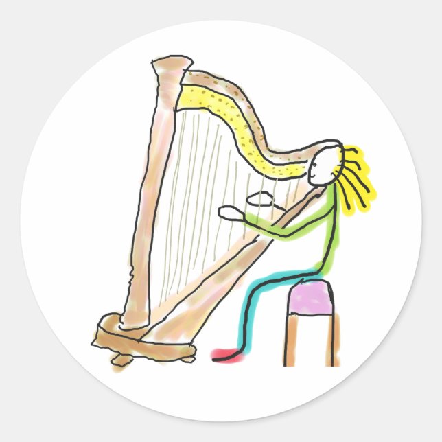 Harp Playing Stickman Runder Aufkleber (Vorderseite)