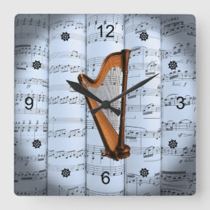 Harp ~ Rolled Sheet Music ~ Blue Tint Background ~ Quadratische Wanduhr