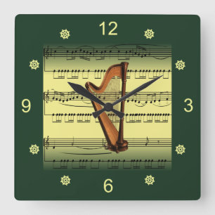 Harp~Rolled Sheet Music~Gold/Green Background ~ ~ Quadratische Wanduhr