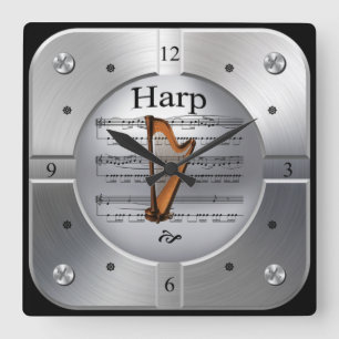 Harp ~ Sheet Music ~ Pinselsilber Farbe ~ Quadratische Wanduhr