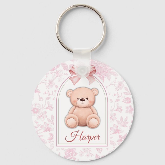 Harper | Benutzerdefiniertes rosa Teddy-Bär-Kinder Schlüsselanhänger (Vorderseite)