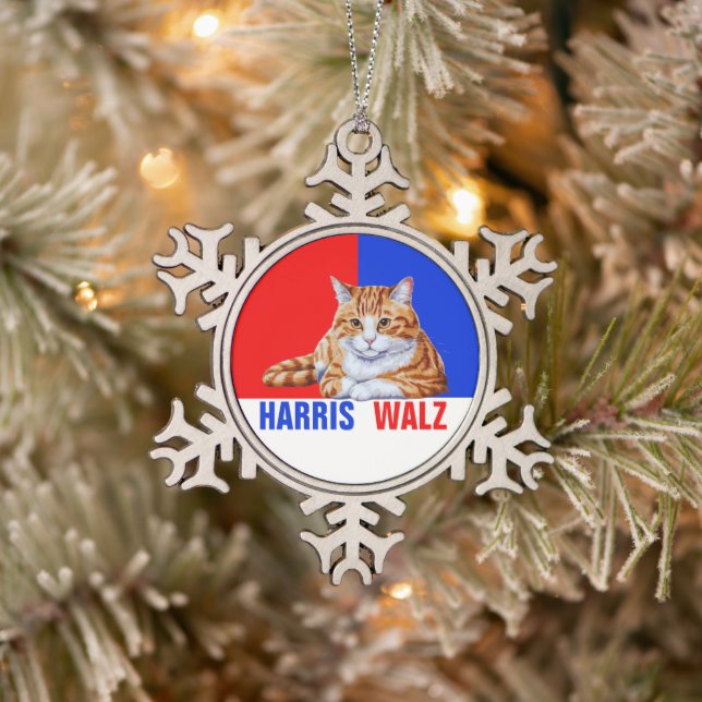 Harris Walz 2024 offensichtlich Cat Red Blue Schneeflocken Zinn-Ornament (Baum)