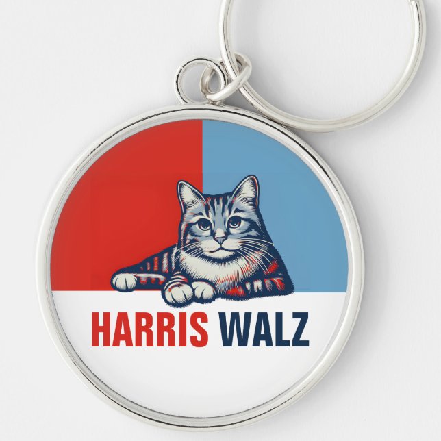 Harris Walz 2024 offensichtlich Red Blue Cat Schlüsselanhänger (Vorne)