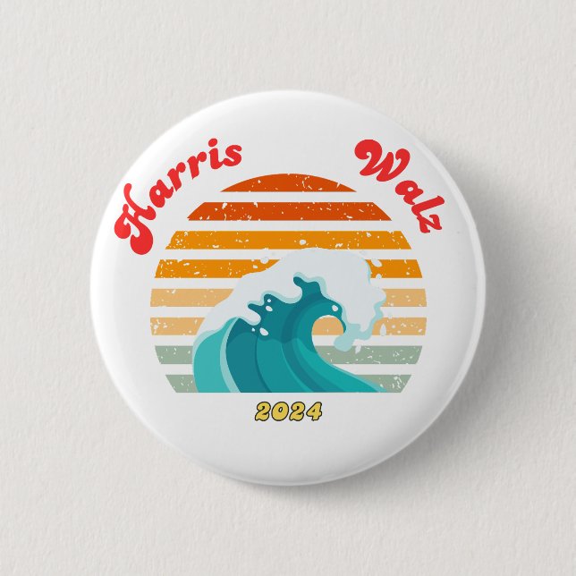Harris Walz 2024 Wahl Retro Blue Wave Button (Vorderseite)