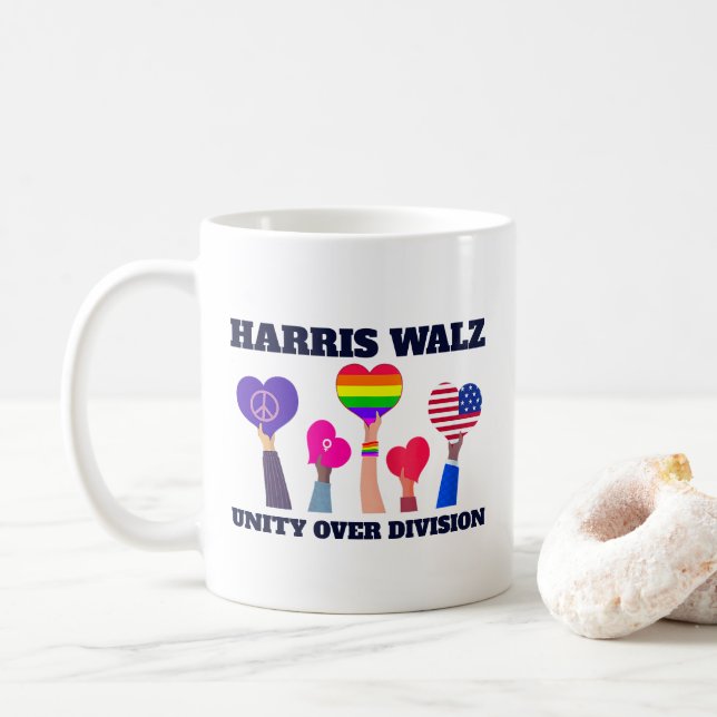 Harris Walz Unity über Division LGBTQ Dark Blue Kaffeetasse (Mit Donut)