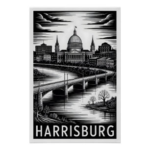 Harrisburg Pennsylvania Skyline Schwarz Weiß Holzs Poster