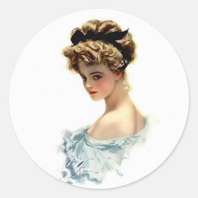 Harrison Fisher Girl in Blue Runder Aufkleber (Vorderseite)