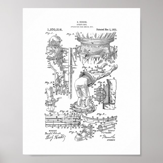 Harry Houdini Diver's Anzug Patent Poster (Vorne)