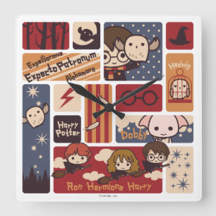 Harry Potter Cartoon-Szenen-Muster Quadratische Wanduhr