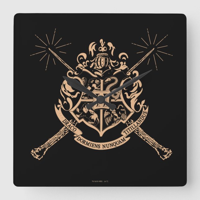 Harry Potter | Hogwarts Crossed Wands Wappen Quadratische Wanduhr (Vorderseite)