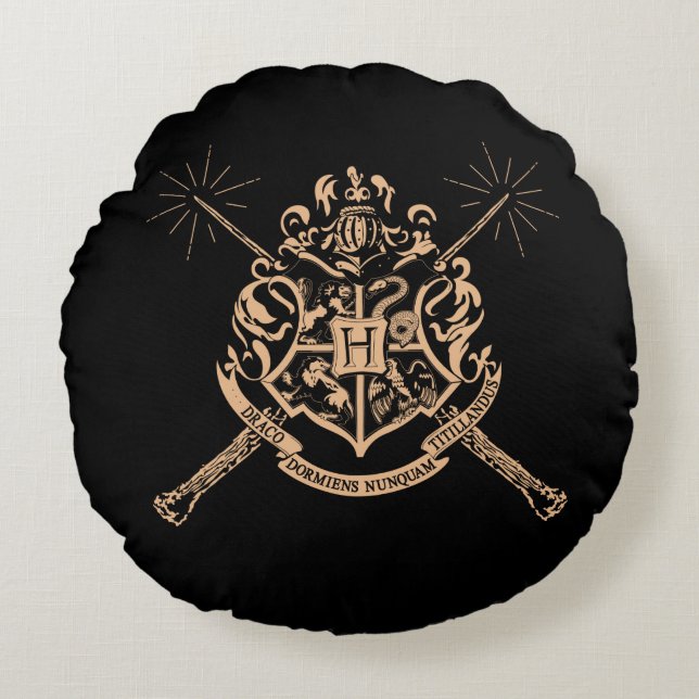 Harry Potter | Hogwarts gekreuztes Wands-Wappen Rundes Kissen (Vorderseite)