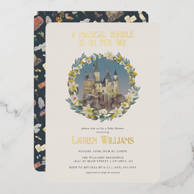 Harry Potter | Magische Hogwarts Burg Babydusche Folieneinladung (Vorderseite/Rückseite)