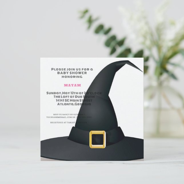 Harry Potter | Schwarze Hexenhut-Babyparty Einladung (Stehend Vorderseite)