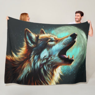 Harte Pastellzeichnung Wolf heult Mond Fleecedecke
