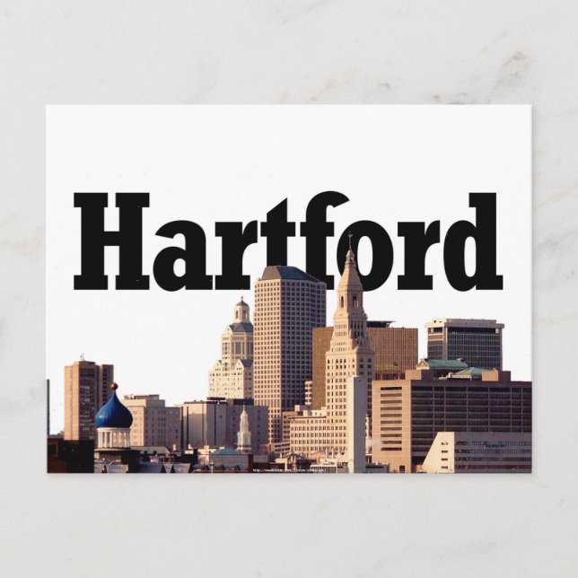 Hartford CT Skyline mit "Hartford" am Himmel Postkarte (Vorderseite)