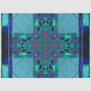 Hartglas Celtic Cross in Blue und Aqua Seidenpapier