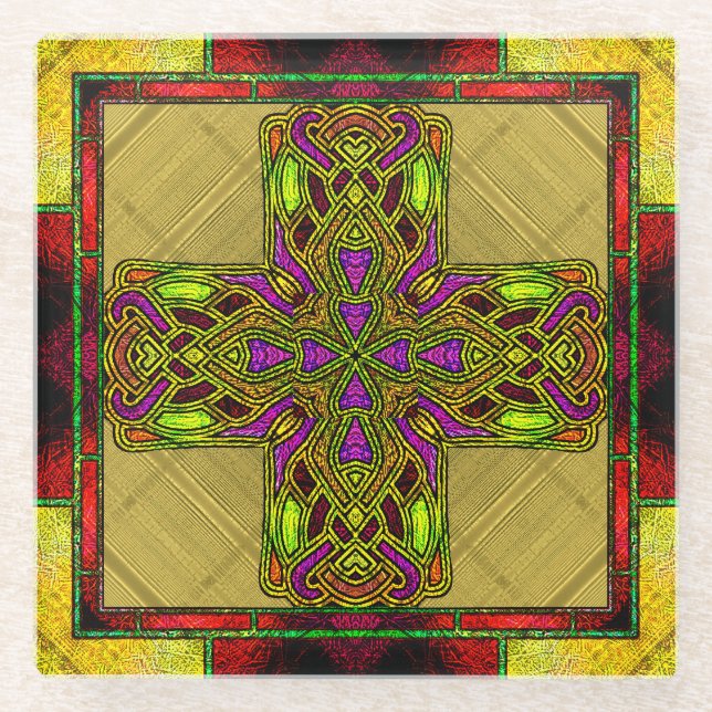 Hartglas Celtic Cross in Rot und Gold Glasuntersetzer (Vorderseite)