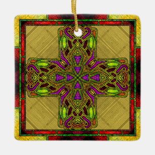 Hartglas Celtic Cross in Rot und Gold Keramikornament