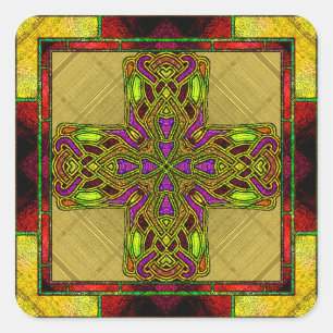 Hartglas Celtic Cross in Rot und Gold Quadratischer Aufkleber