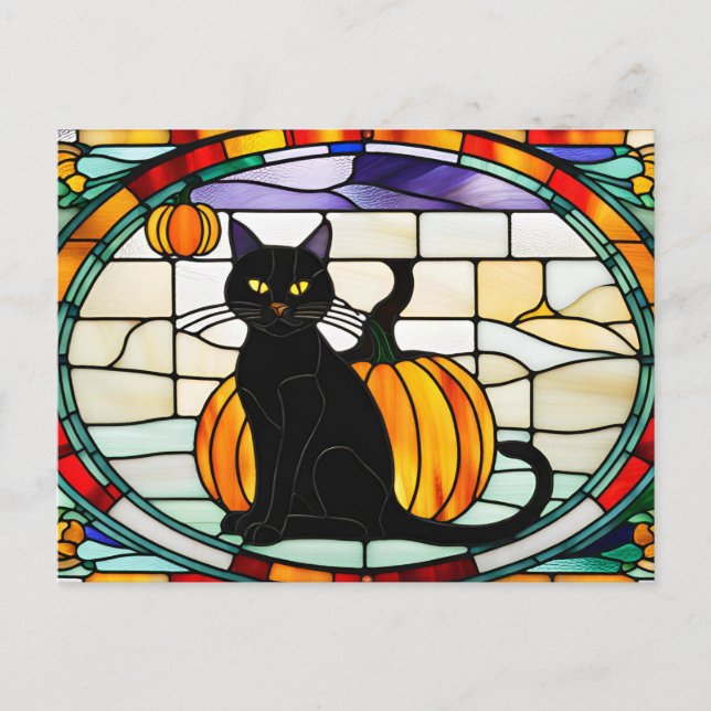 Hartglas Halloween Black Cat Feiertagspostkarte (Vorderseite)