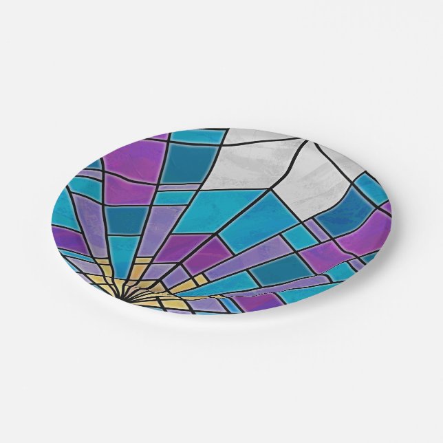 Hartglas mit blauem und Lila Winkelmuster Pappteller (Schrägansicht)