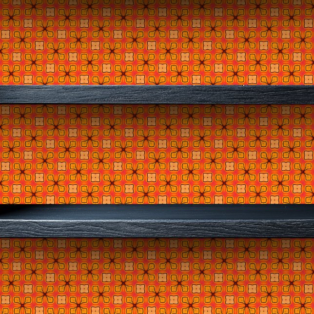 Hartglas Orange Bläschen Kleine Printwerbung Tapete (Stained Glass Orange Floral Small Print Wallpaper on a shelf)