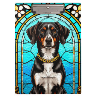Hartglas-Portrait eines Hundes mit Goldkette Klemmbrett