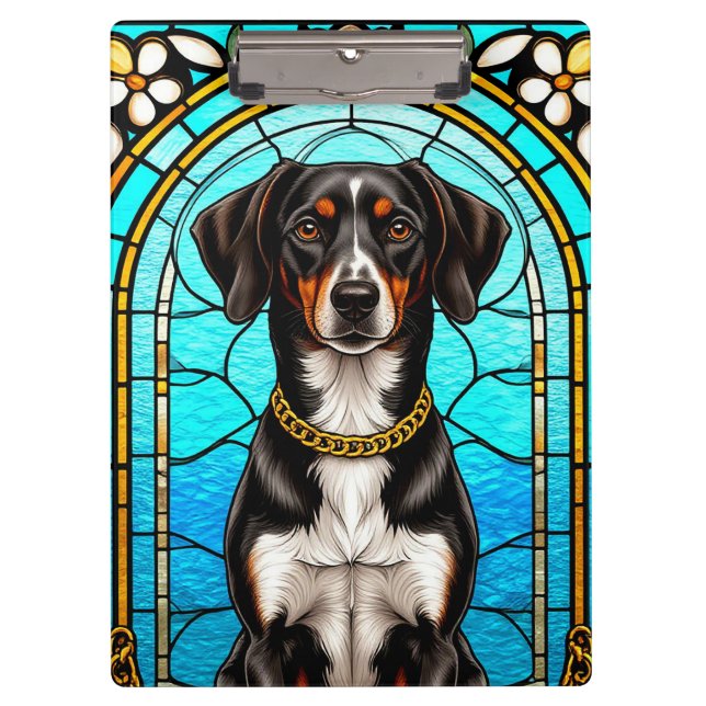 Hartglas-Portrait eines Hundes mit Goldkette Klemmbrett (Vorderseite)