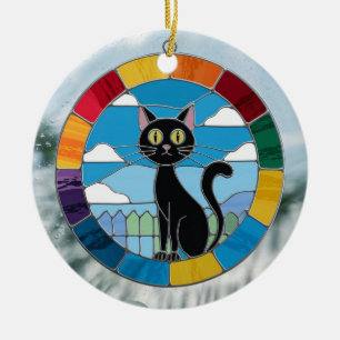 Hartglas, schwarze Katze, farbig gestanztes Glas Keramik Ornament