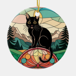 Hartglas, schwarze Katze, farbig gestanztes Glas Keramik Ornament