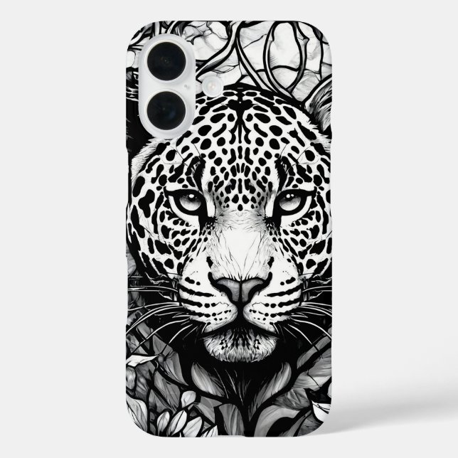 Hartglas Schwarzweißleopard iPhone 16 Hülle (Rückseite)