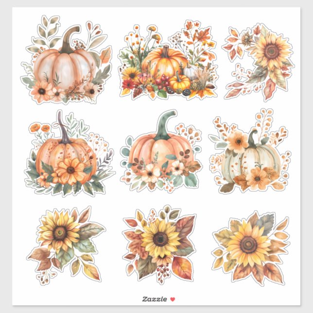 Harvest Blooms - Aquarellpumpen & Sonnenblumen Aufkleber (Blatt)