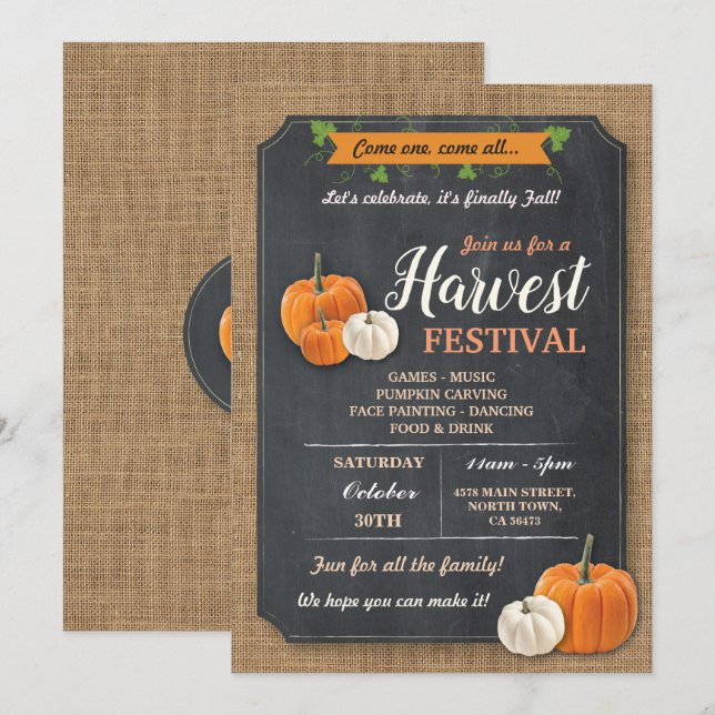 Harvest Festival Pumpkin Rustikale Chalk Einladung (Vorne/Hinten)
