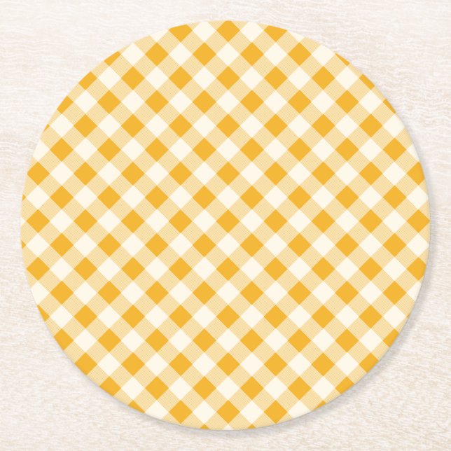 Harvest Gold Gingham Runder Pappuntersetzer (Vorderseite)