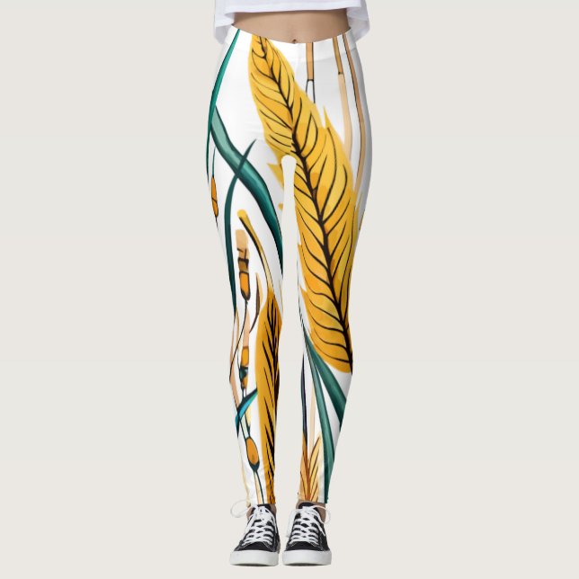 Harvest Harmony: Ein Weizenmuster auf einer weißen Leggings (Vorderseite)