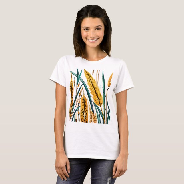 Harvest Harmony: Ein Weizenmuster auf einer weißen T-Shirt (Vorne ganz)