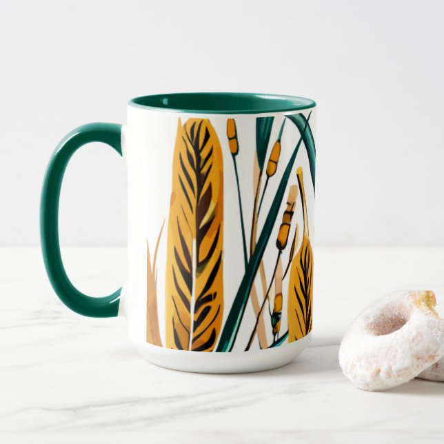 Harvest Harmony: Ein Weizenmuster auf einer weißen Tasse (Mit Donut)