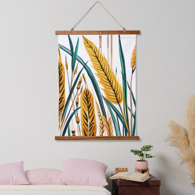 Harvest Harmony: Ein Weizenmuster auf einer weißen Wandteppich Mit Holzrahmen (Schlafzimmer)