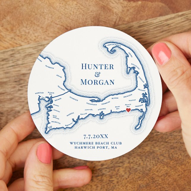 Harwich Port MA Wychmere Beach Club Wedding Runder Pappuntersetzer (Wychmere Beach Club Wedding Drink Coaster with Elegant Navy Blue Map from Coastal Map Designs)