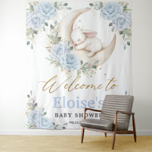 Häschen Kaninchen Blaue Florale Mond Baby Shower W Wandteppich
