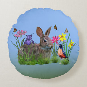 Häschen-Kaninchen, Robin und Blumen, kundengerech Rundes Kissen