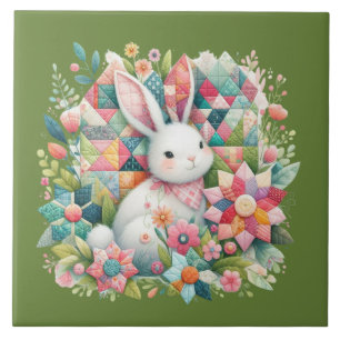 Häschen mit Quilt und Blumen Fliese