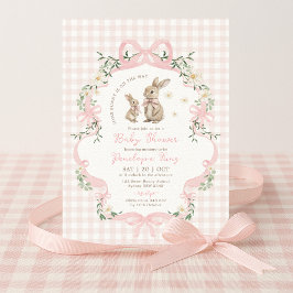 Häschen mit rosa Schleife, Gingham und Blumen für Einladung