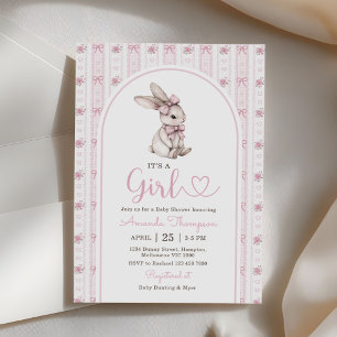 Häschen mit rosa Schleife Vintage-Hasen-Baby-Party Einladung