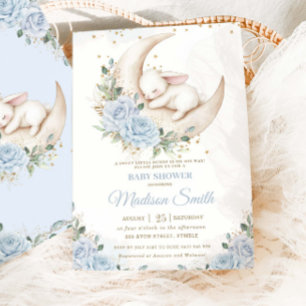 Häschen Mond Sanft Blau Floral Jungen Babyparty Einladung