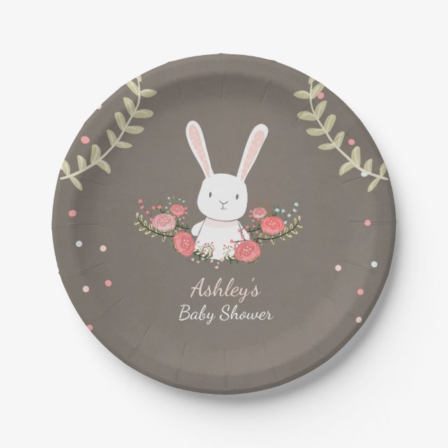 Häschen-PapierTeller-Babydusche Waldrosa-Mädchen Pappteller (Vorderseite)