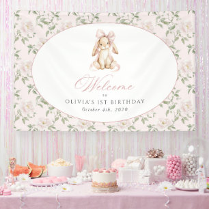 Häschen, Schleife, rosa Blumen, Willkommensgruß zu Banner